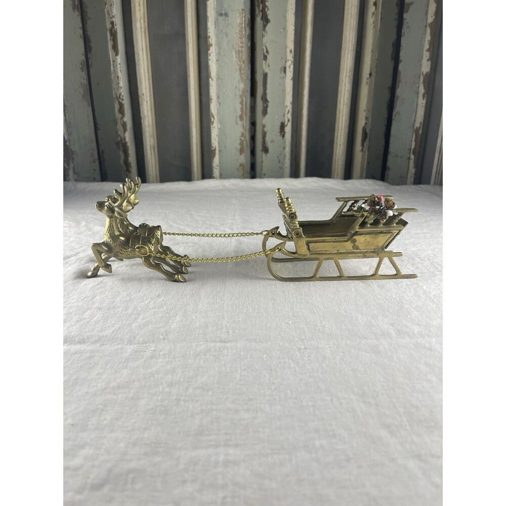 Vintage Lefton Christmas 12” Brass Reindeer Pulling Santa Sleigh~Taiwan
